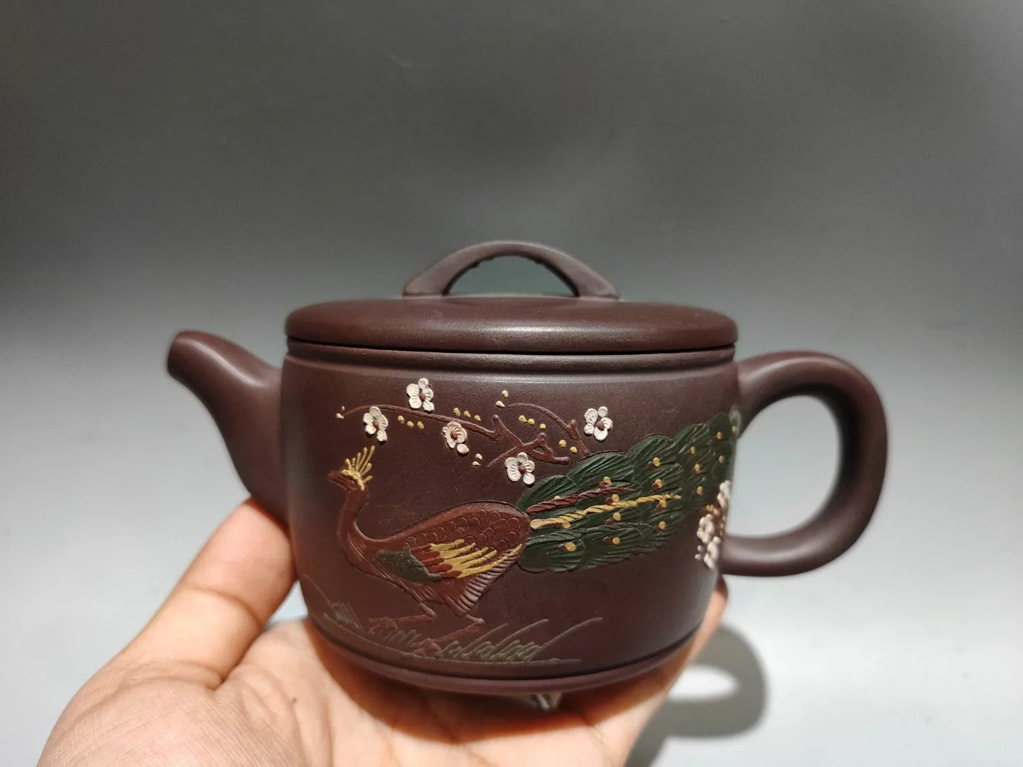 

7"Chinese Yixing Purple Clay Teapot Painted Phoenix pattern relief Plum Blossom Pot Kettle Teapot Flagon Amass wealth