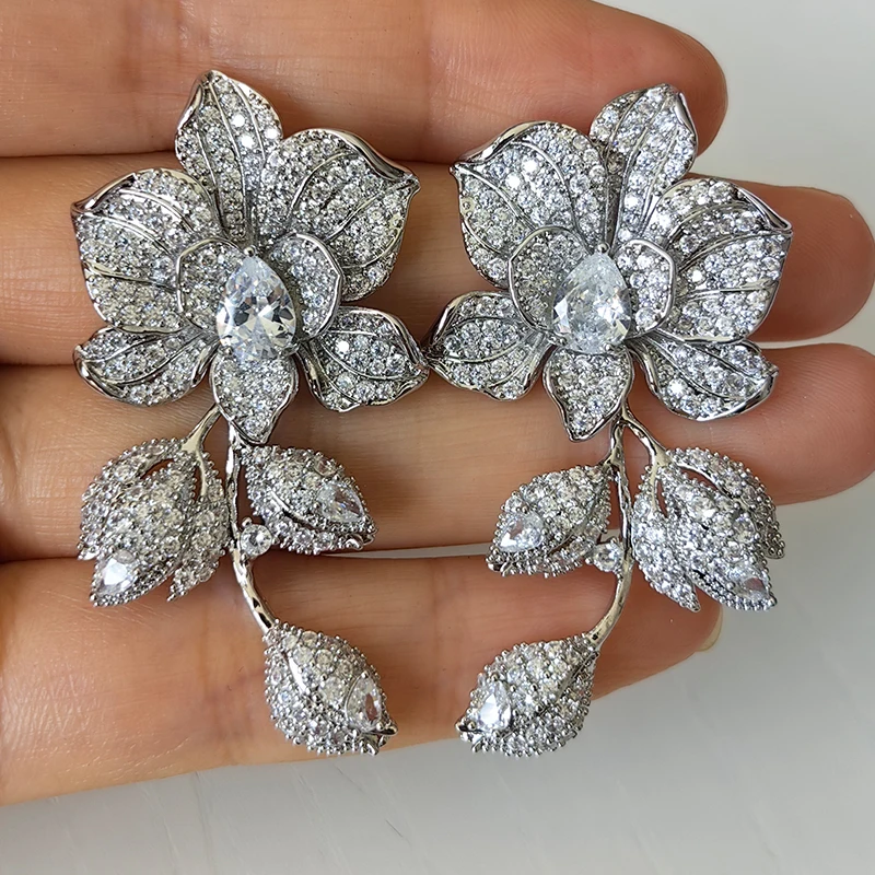 Gorgeous CZ Large Flower Dangle Earrings for Women Luxury Jewelry White Blue Yellow Purple Floral Earrings Sparkly Wedding Gift