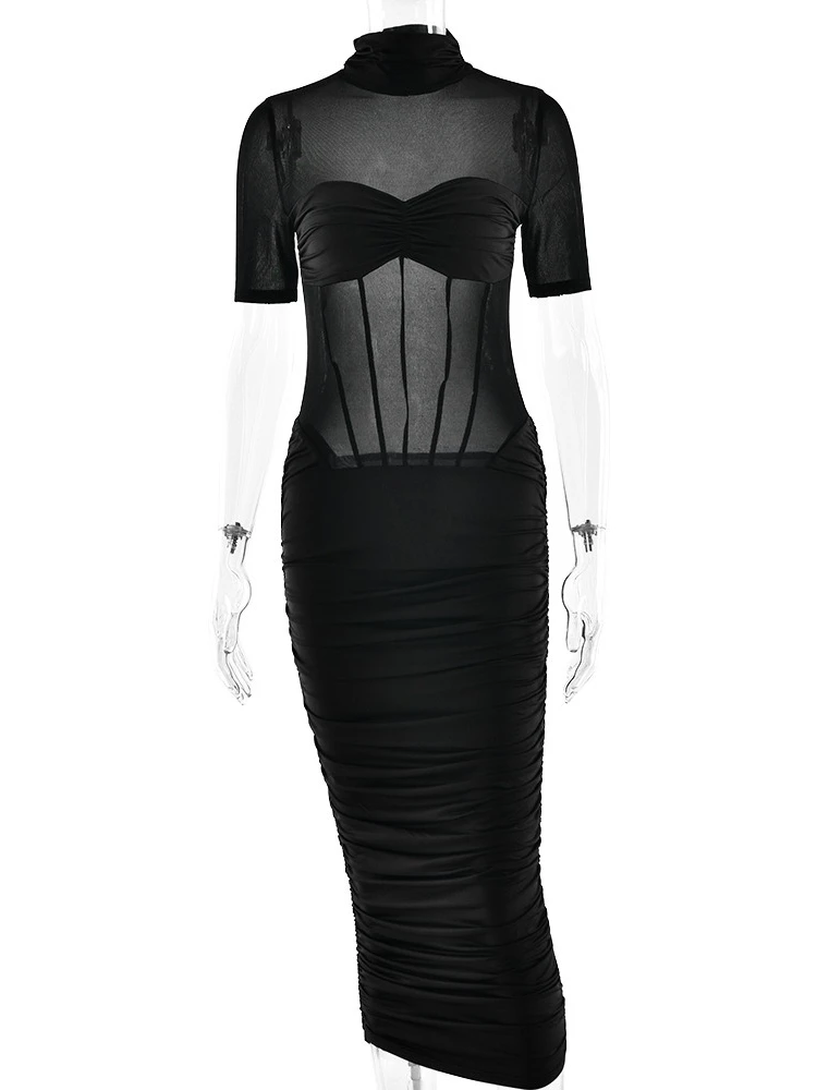 FDYOUI Abito da club party con corsetto patchwork in rete a collo alto da donna 2026 Abiti slim a metà polpaccio con pieghe trasparenti a maniche corte