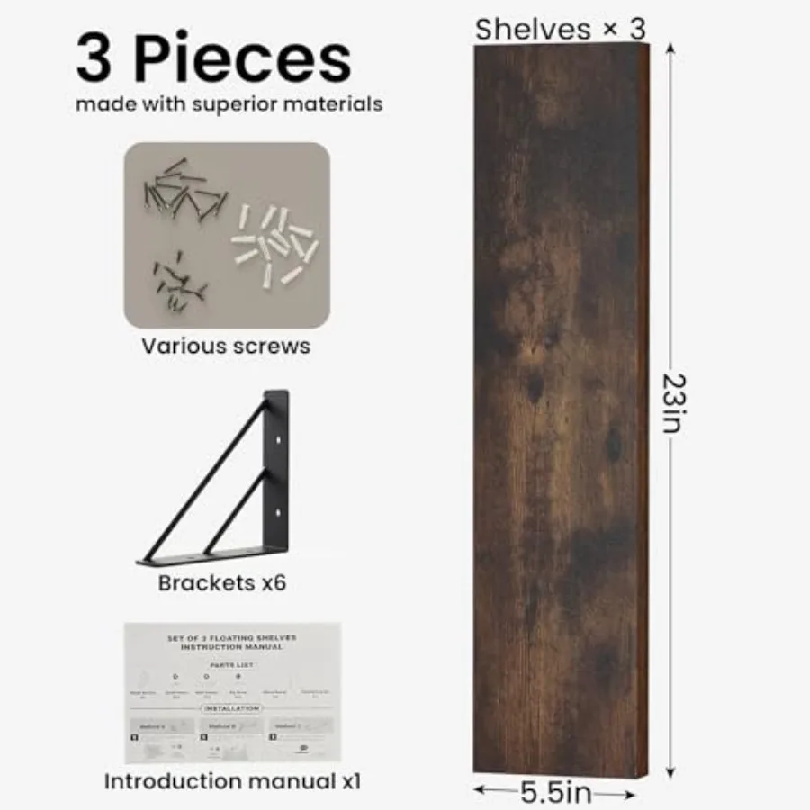 23-in Floating Wall Shelves, Rustic Wood Wall Shelves for Bedroom, Bathroom, Kitchen and Living Room, Display Shelf for Books,