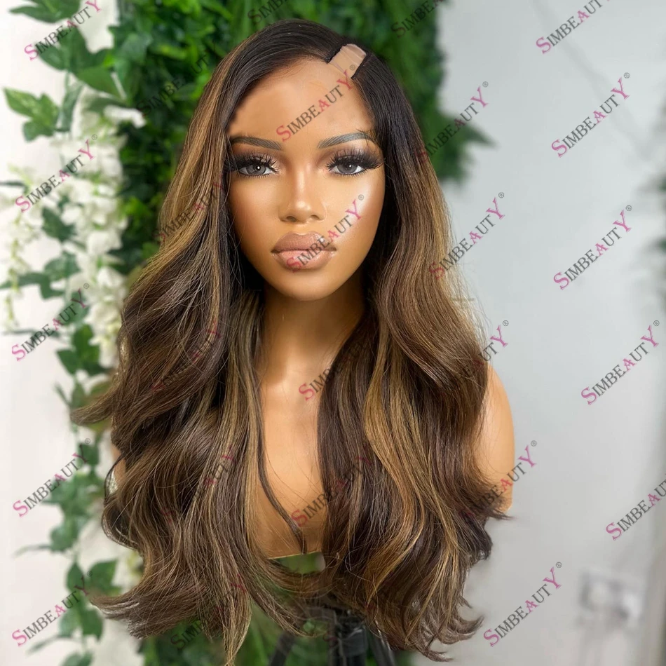 Brown Blonde Balayage Body Wave Human Hair U Part Wig for Black Women Remy Malaysia Hair 1x4 Size Highlight Blonde Women Wig