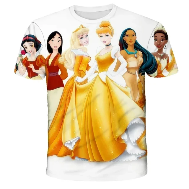 Disney neve branca de manga curta t-shirt para meninas de 2 a 14 anos, casual, desenhos animados, verão