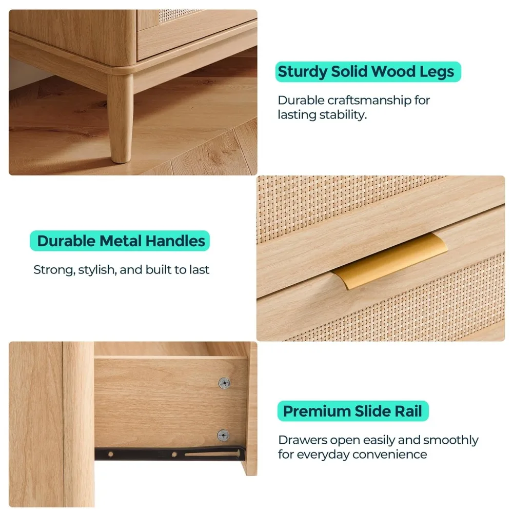 Mid-Century Modern Kommode aus Rattan mit 6 Schubladen, 47 breite Schlafzimmerkommode mit Metallgriffen
