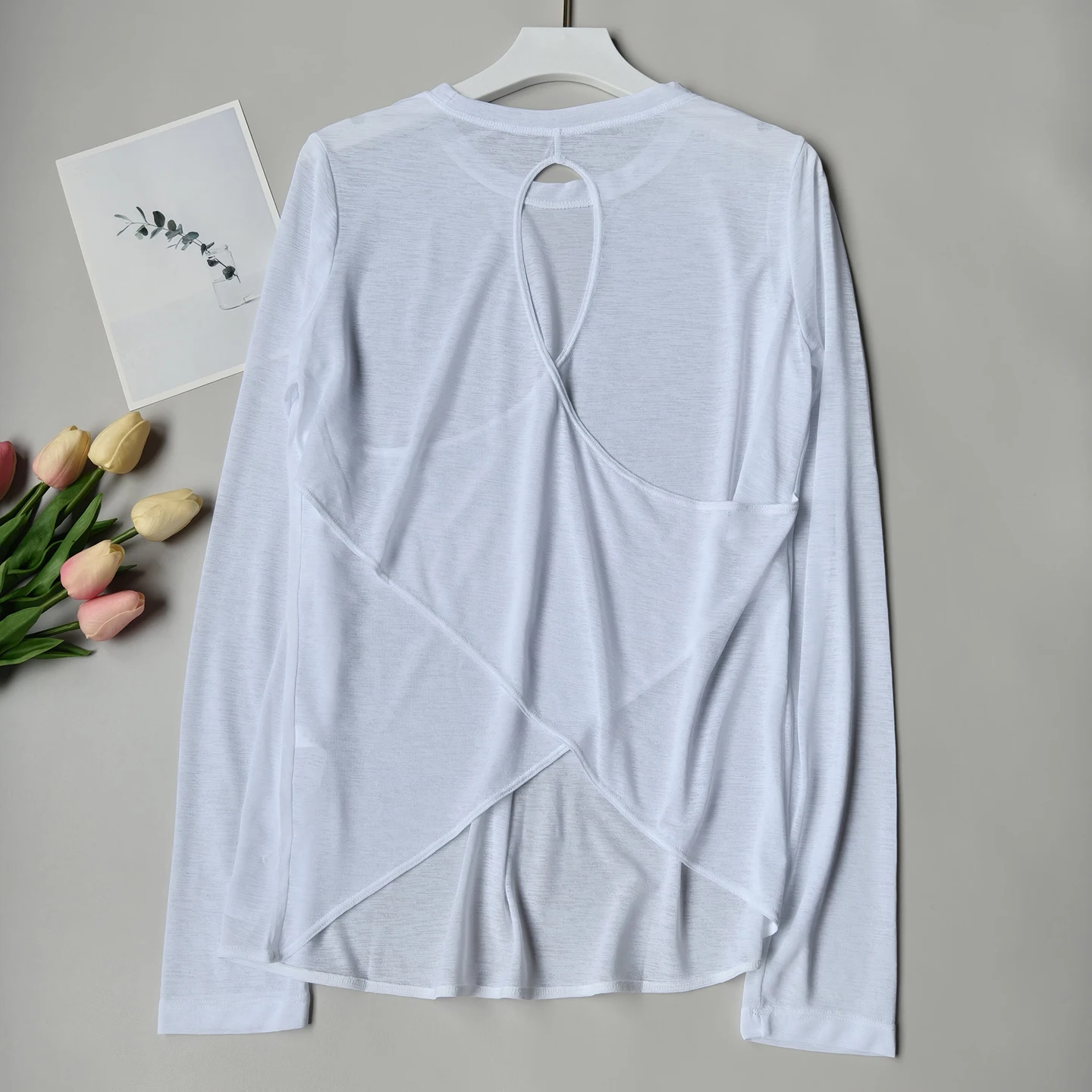 Women Backless Loose Yoga T-shirts Summer Round Collar Long Sleeve Fitness Breathable Sporty Yoga Tshirt Tops Female Sportswear image 3