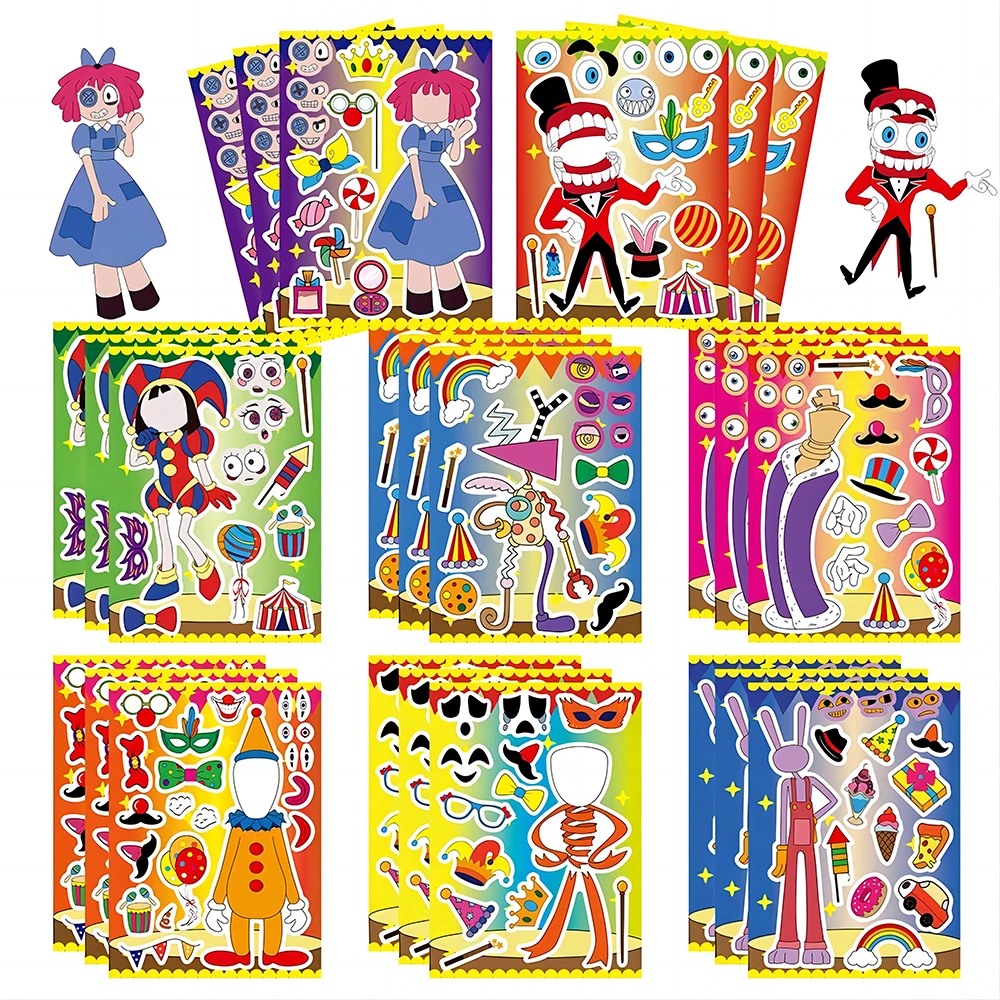 8/16Sheets Circus Clown Puzzle Stickers Kids Make a Face Game Children DIY Assemble Jigsaw Educational Toy Party Decoration Gift