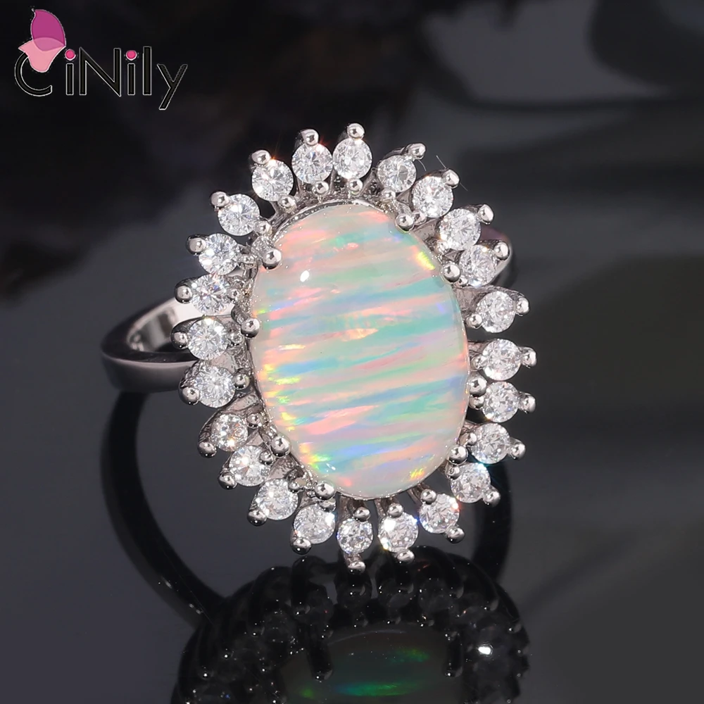 CiNily Created White Fire Opal Rings with White Zircon Silver Plated Oval Gemstone Rings for Women Girls Fashion Jewelry Size 8