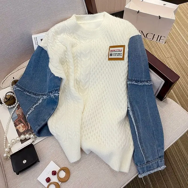 Spring Autumn Trendy Sweaters Women Fashion Denim Patchwork Knit Pullovers Niche Design Loose Sweater Y2k Tops Womens Clothes