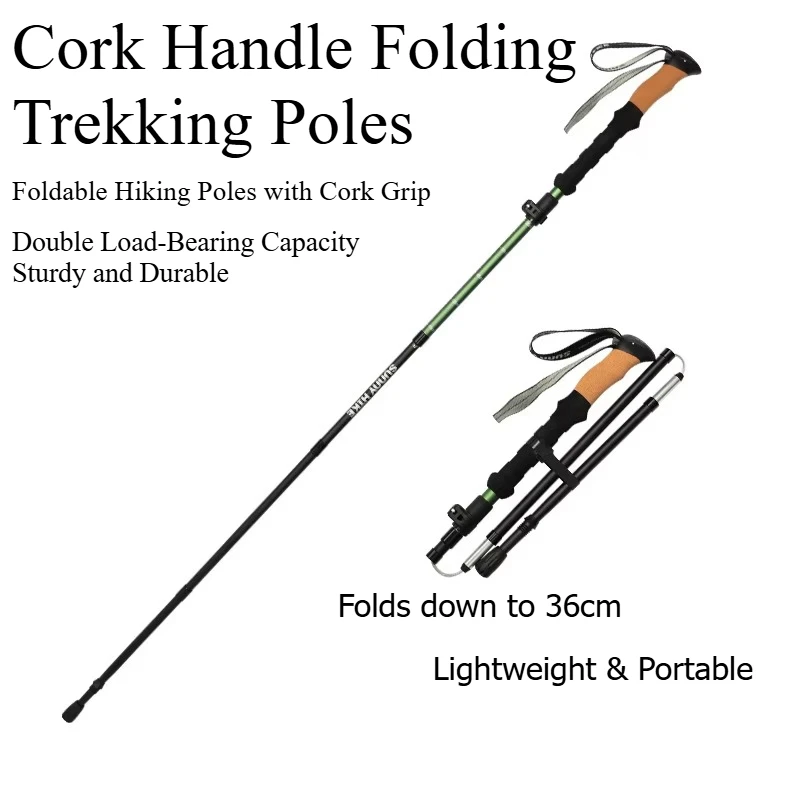 Cork Handling Folding Trekking Poles 7075 Aluminum Hiking Staff Abrasion-resistant & Strong for Camping Mountaineering
