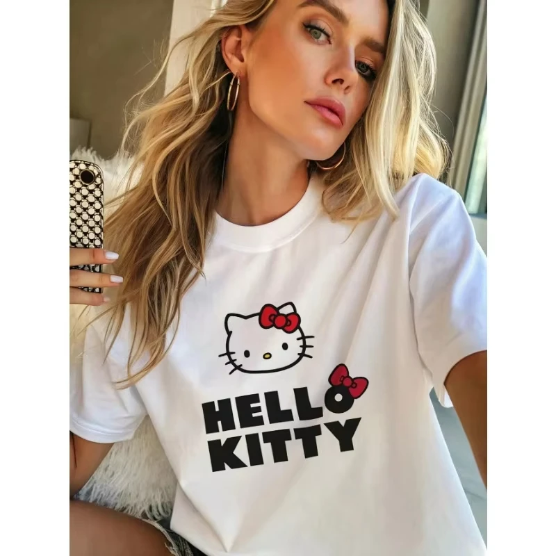 

Sanrio Hello Kitty Women's Casual Cartoon Printed Round Neck Short Sleeved T-shirts Y2K Styles Oversized Casual Loose Tops