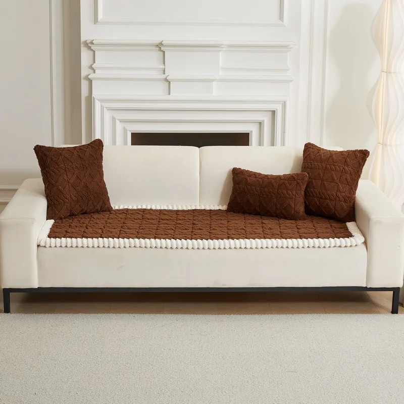 1pc Plush sofa cushion autumn and winter straight row thickened seat cushion high-end non-slip leather sofa cover cover cloth