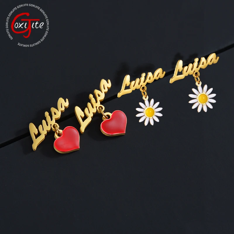 Goxijite Custom Name Earrings For Women Stainless Steel Love Daisy Drip Oil Earrings Items Single Accessories Jewelry Gift