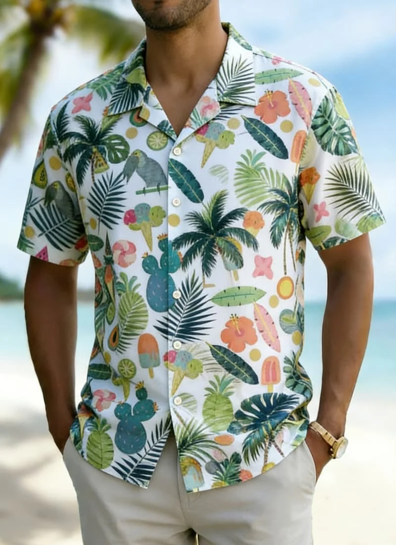 

Men's Watercolor Tropical Fruit Print Shirt, Exotic Hawaiian Casual Design for Summer Vacation, Daily Wear & Street Style