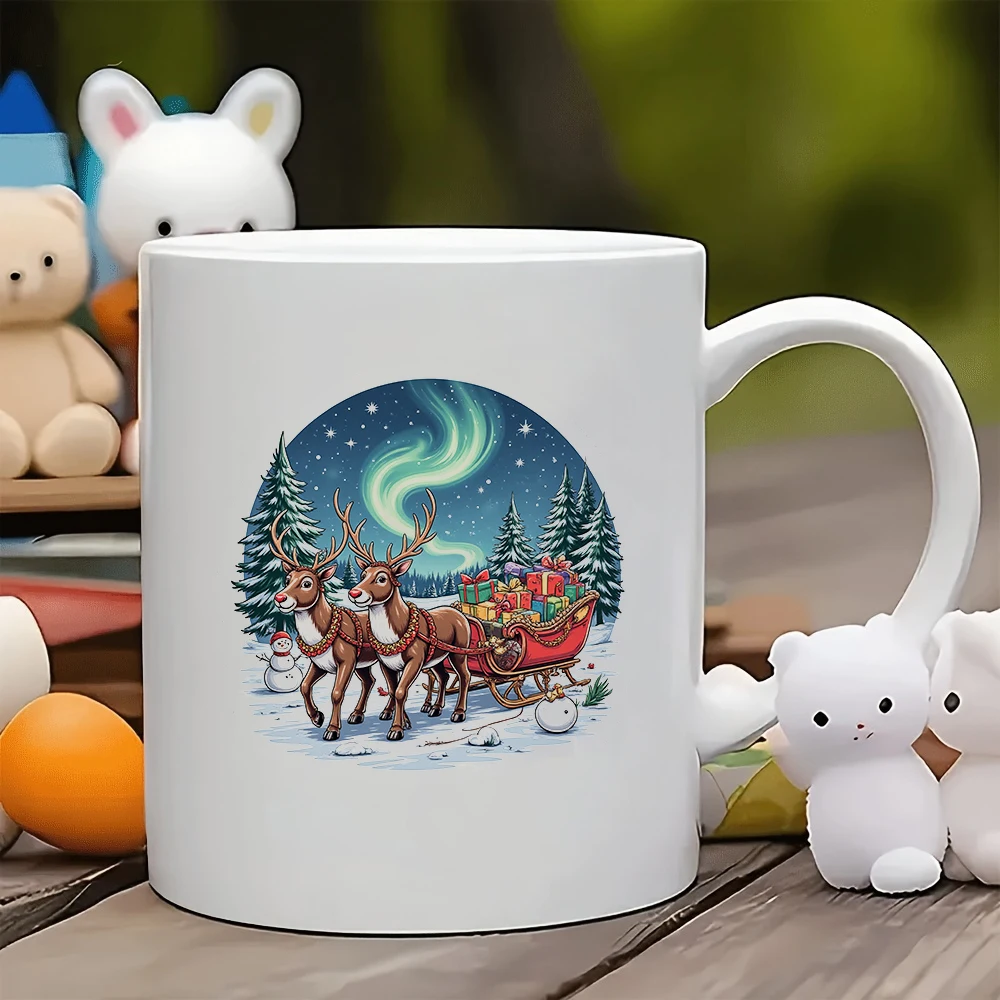 Taza de 11oz, caja de regalo de trineo de Navidad de dibujos animados, ilustración de carro de reno, taza de ambiente festivo, oficina familiar Chris