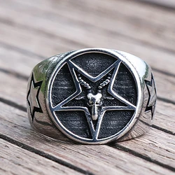 Gothic Vintage Goat Pentagram Signet Rings For Men 316L Stainless Steel Punk Biker Rings Unique Male Demon Baphomet Ring Jewelry