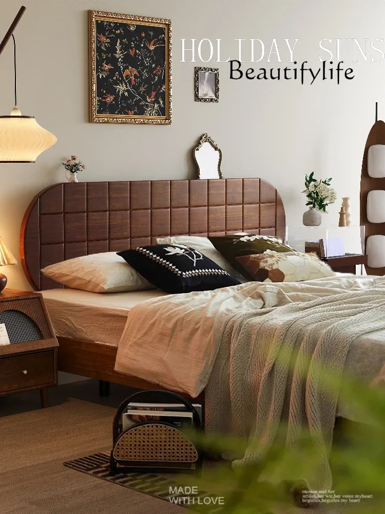 

Medieval style full solid wood bed Modern simple walnut 1.8M double bed Nordic retro master bedroom big bed