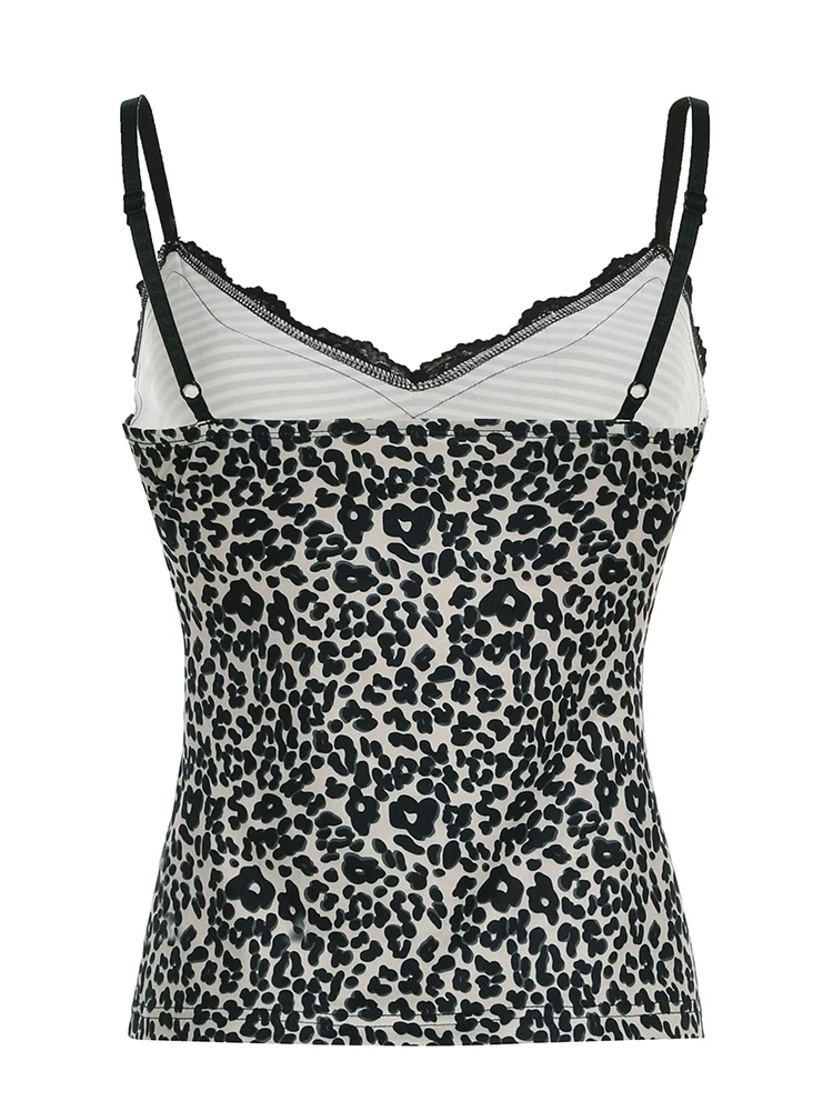 Rockmore Leopard Print Camisole Coquette Lace Frill V-neck Crop Top for Women Sexy Backless Y2K Vintage Stripe Patchwork Vest image 6