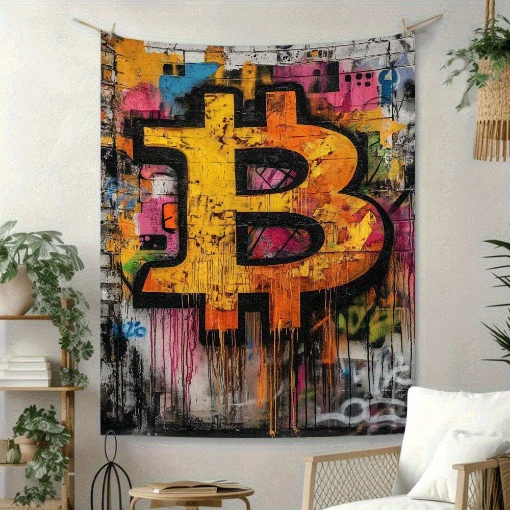 Bitcoin graffiti art Digital printing polyester wall tapestry suitable for use in living rooms bedrooms offices bars and party