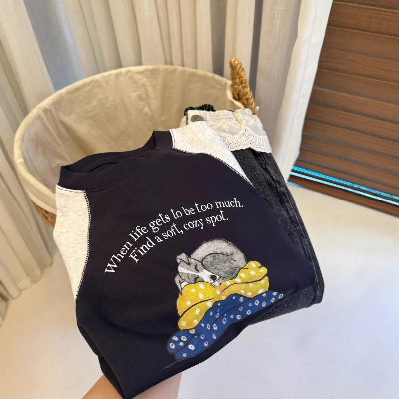 

2025Autumn Winter New Style Medium Large Girls' Outfit Children's Fashionable Loose Long Sleeve Base Shirt and Denim Pants Two-P