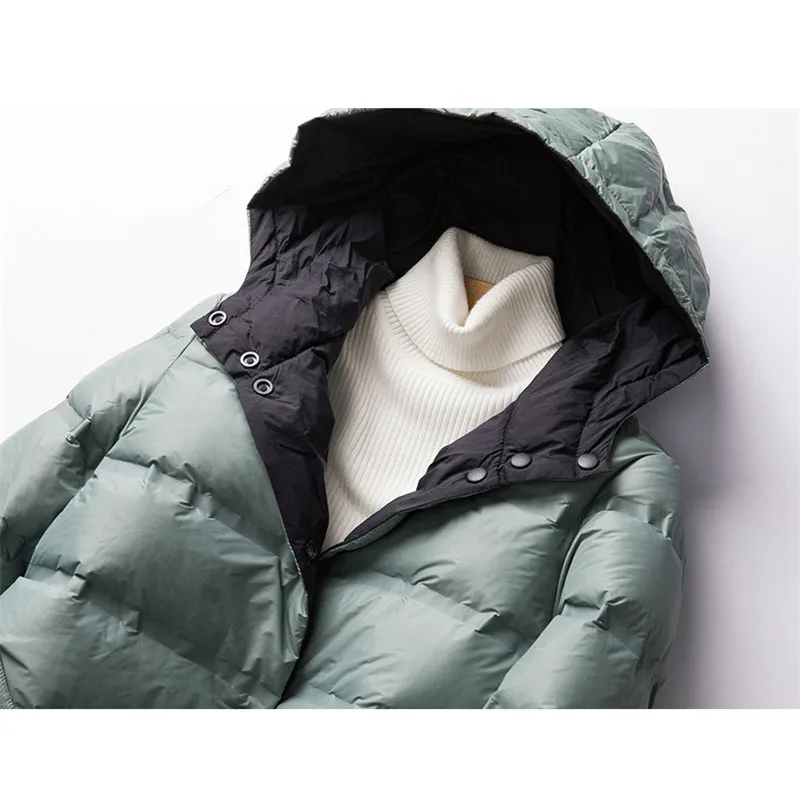 Dragen Beide Zijden Winter Licht Dunne Witte Eend Donsjack Vrouwen Lange Hooded Down Jas Dames Warm Slim Puffer Parka outerwears