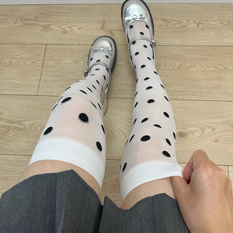 

Длинные шелковые чулки-трубы, женские тонкие гольфы в горошек с широким краем, Harajuku, сексуальные JK, белый шелк