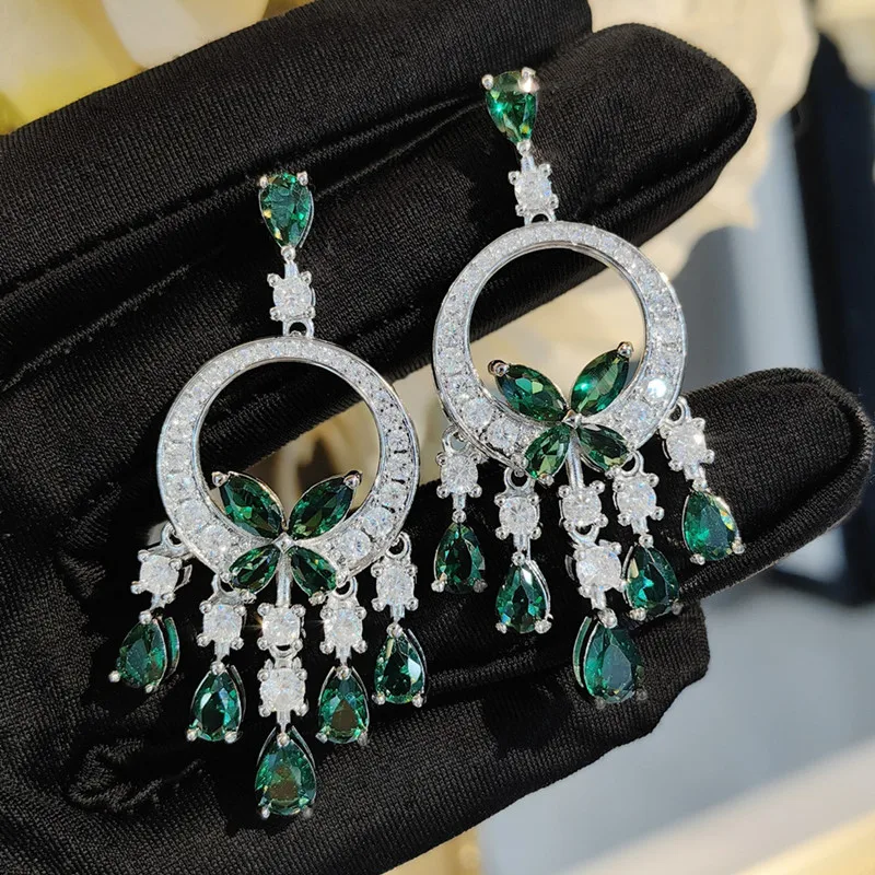 Vintage Green Emerald Gemstones Butterfly Tassel Drop Earrings for Women Sterling Silver 925 Dinner Party Accessories Bijoux