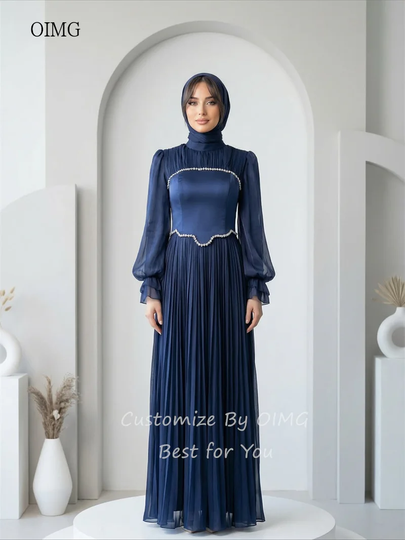 OIMG Modesto collo alto A Line abiti da ballo Eid maniche a lanterna abito da festa pieghettato abito da sera lungo fino al pavimento saudita personalizzato
