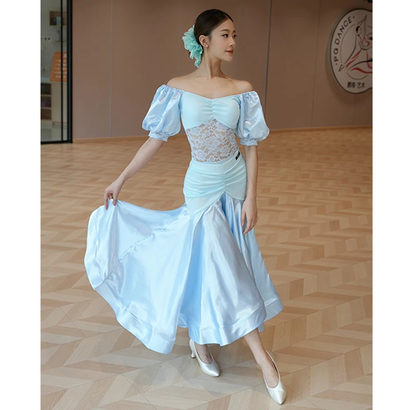 

Ballroom Dance Clothes Women Bubble Sleeves Lace Tops Fishbone Skirt Waltz Dance Dress Prom Performance Competition Dress L16737