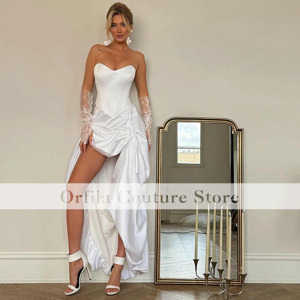 White Wedding Dresses For Brides Off The Shoulder Mix Style Satin Bridal Gowns With Sleeves Saudi Arabic Party Gowns Customized