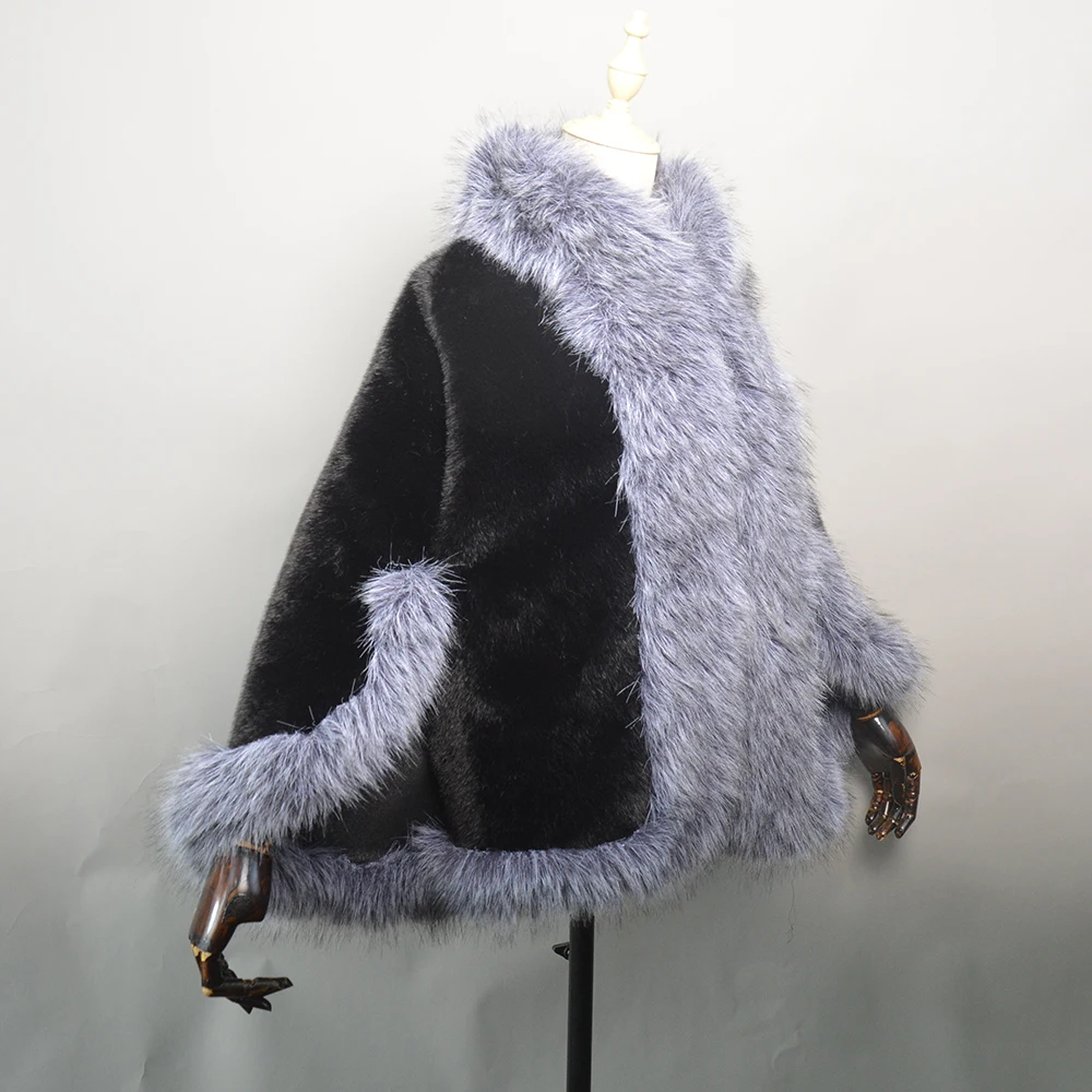 New Knitted Fake Mink Fur Shawl Coat With Fake Fox Fur Collar Women's Fashion Knit Jacket Cape