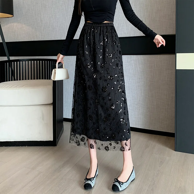 

Elegant Skirts Women 2024 Fashion High Waist Causal Faldas Sexy Mujer Korean Beading Mid Length A Line Pleated Skirt