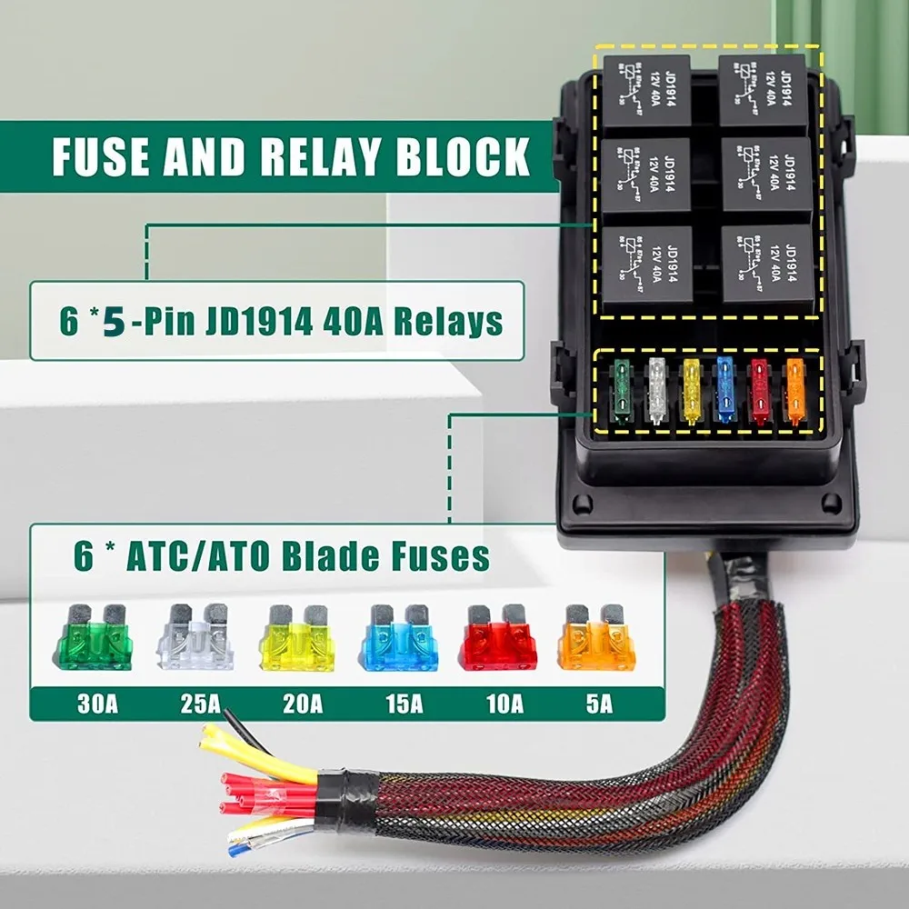 12V Fuse and Relay Box Holder 6 Slots Automotive Universal Relay Box 4 Pin 12V 40A Relay and Wiring Harness For Car