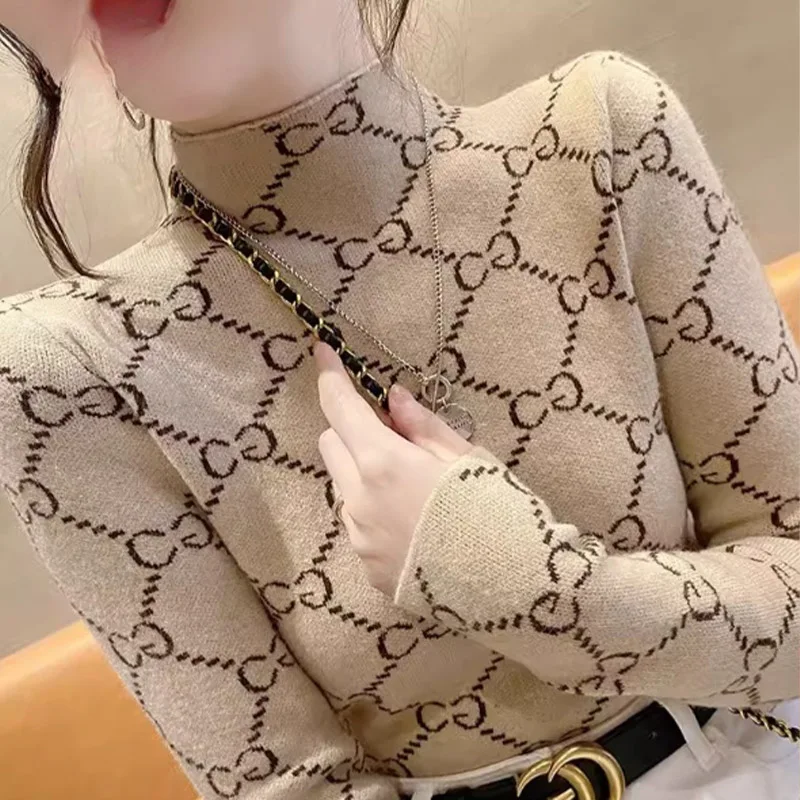 Autumn Winter Fashion Vintage Half High Collar Pullovers Women Y2k Letter Jacquard Sweaters Elastic Slim Wool Knitwear