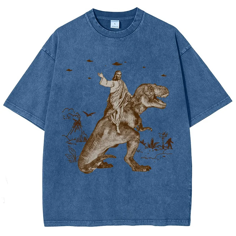 Camiseta feminina estampada de dinossauro dos desenhos animados, lavagem unissex afligido camiseta vintage, top estudante moda design férias