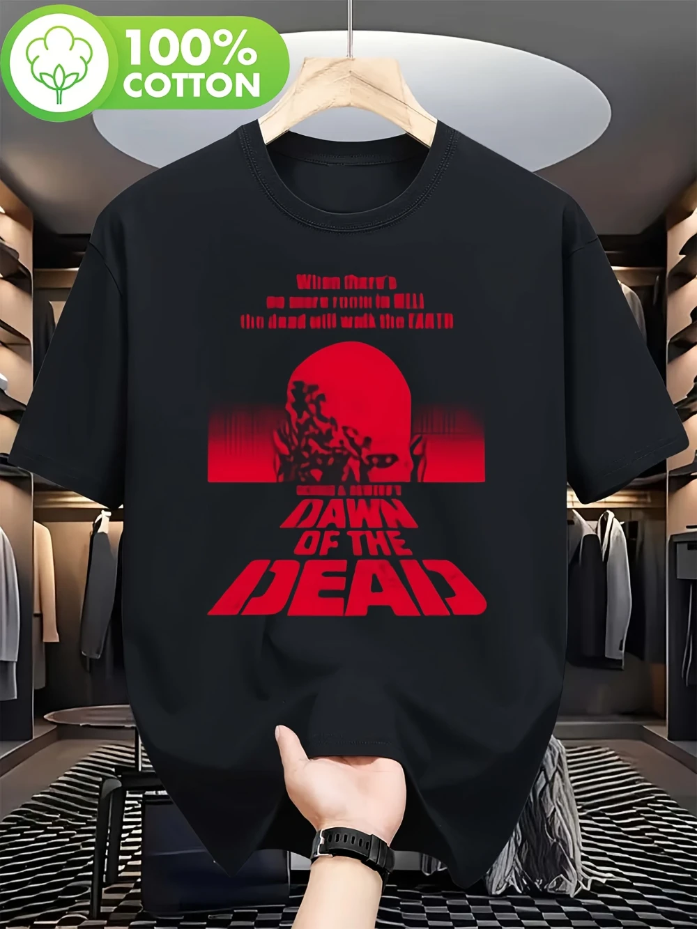 T-shirt imprimé rétro pour homme sur le thème des films zombie - Motif artistique d'horreur rétro, col rond contrastant noir et rouge, T-shirt décontracté rétro