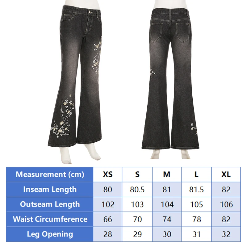 Y2K Floral Embroidery Jeans Pant Vintage American-Style Low Rise Flared Jeans Women Retro Street Baggy Denim Trousers