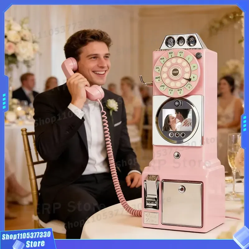 Vintage Wall Mounted Phone Camera 1080P HD Video Guestbook Pink Retro Prop for Wedding Birthday Graduation Party Decoration
