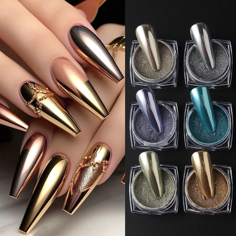 Polvo de uñas cromado dorado, plateado y rosa, espejo metálico de lujo, pigmento para frotar, polvo Y2K, hermosa decoración artística de uñas, 6/12 Uds.