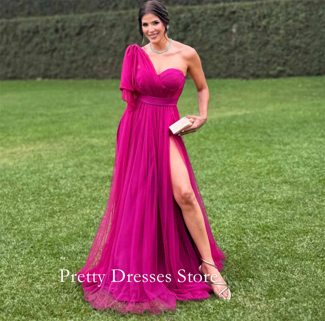 

One-Shoulder Evening Dresses Rose Red Customized Tulle Floor Length Ruched Simple Party Prom Gowns Formal vestidos de fiesta