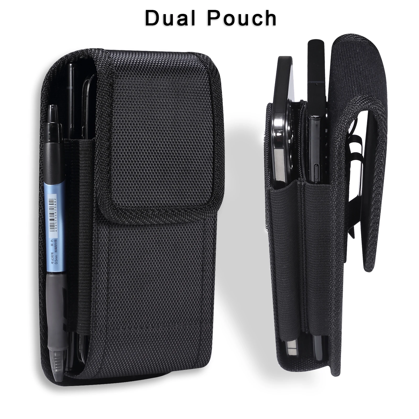 Nylon Waterproof Dual Pouch 2 Phone Belt Clip Case Holder For iPhone 15 14 13 12 Pro XS Max 7 8 Plus Men Tool Waist Bag Holster