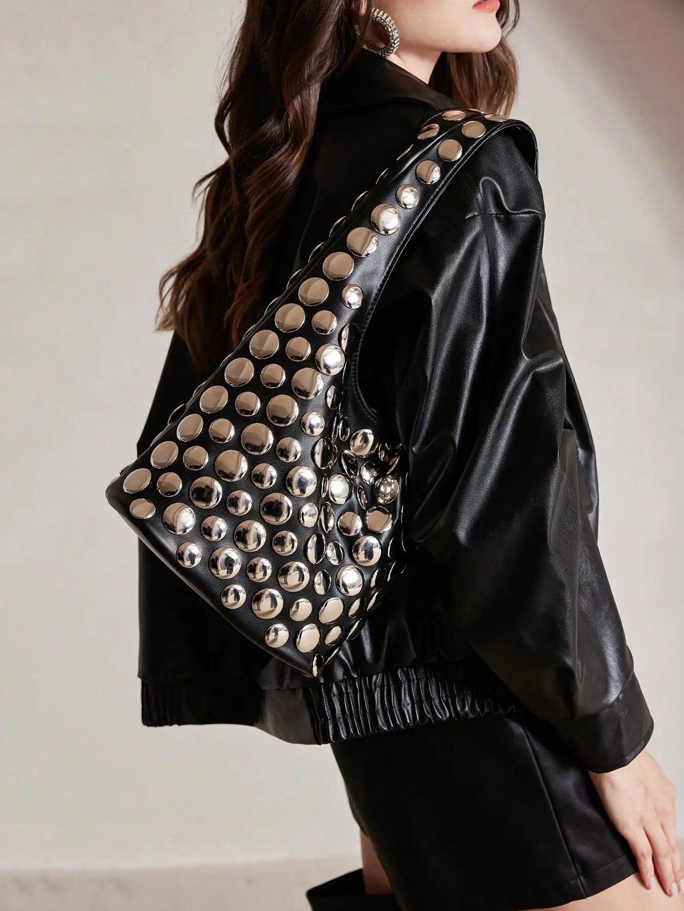 

Studded Black Faux Leather Crossbody Bag with Round Metal Studs, Punk-Inspired Shoulder Bag for Casual Wear