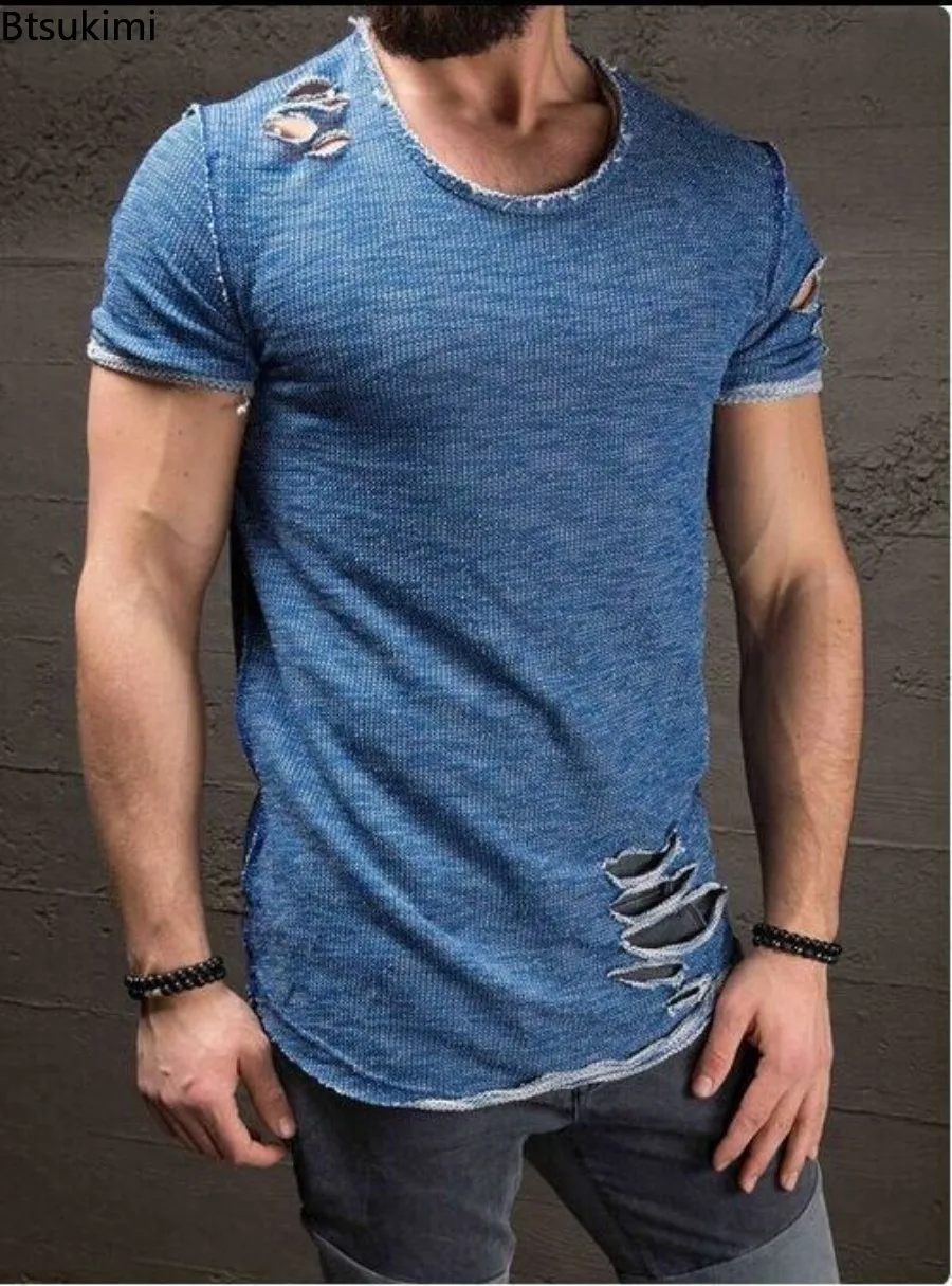 

New Men's Short Sleeve T-Shirts Crew Neck Casual Summer Basic Tops Fashion Hip Hop Streetwear Ripped Holes Sports Running Shirts