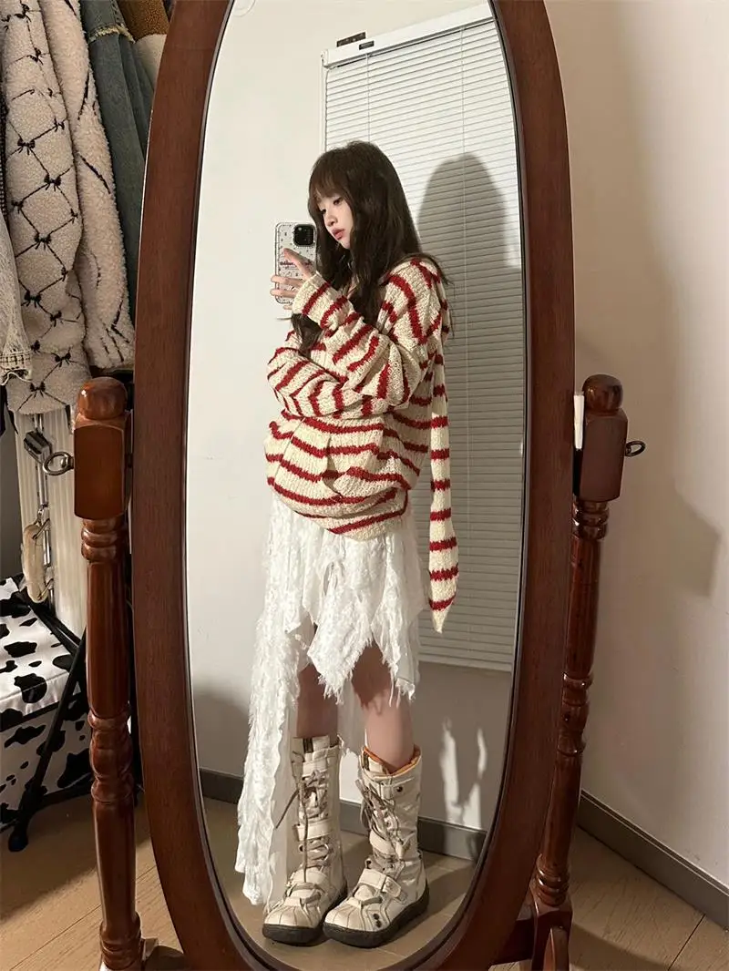 American Hooded Hoodie Women\'s Autumn Winter Rabbit Ears Hollowed Out Sweater Coat LOOSE FIT Cardigan Women