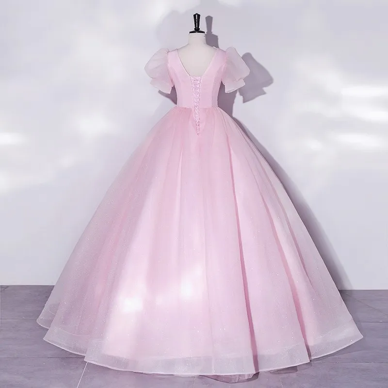 Sweet Pink Puff Sleeves Quinceanera Dress Luxury Party Dress Classic V-neck Ball Gown Real Photo Simple Prom Dress Autumn New