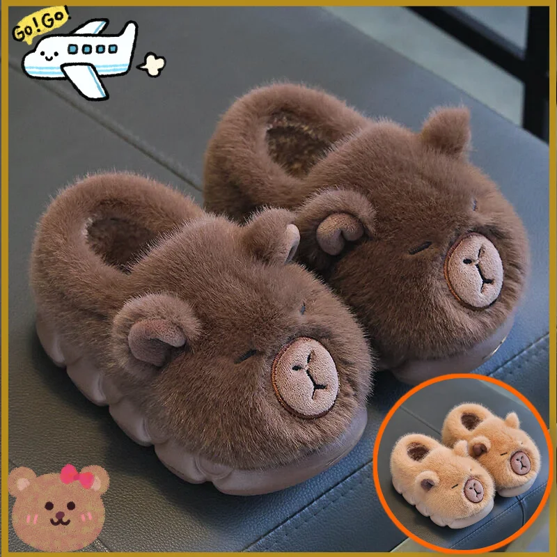 

Зимние детские хлопковые тапочки Capybara для мальчиков и девочек, теплые плюшевые домашние тапочки из хлопка для родителей и детей, обувь, подарки