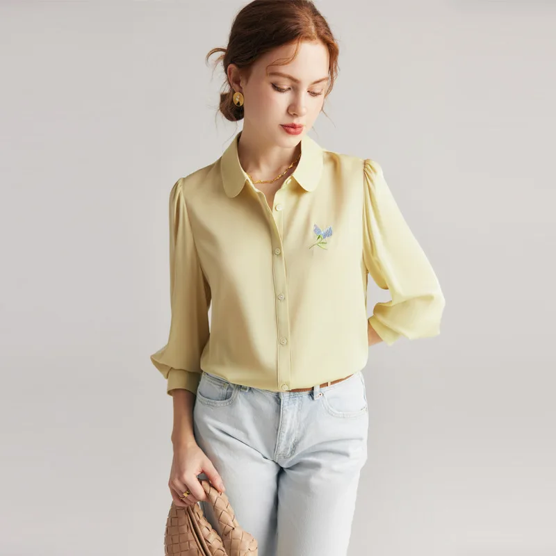 Long Sleeve Embroidery Ladies Fashion Silk Blouse Shirt French Solid Color Female Blouses 19MM Mulberry Silk Shirt Chic Tops