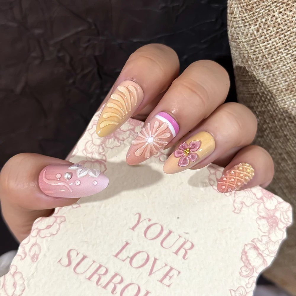 24-piece cross-border transparent floral press-on nails with 3D shell pattern and built-in pearl almond-shaped nail tips