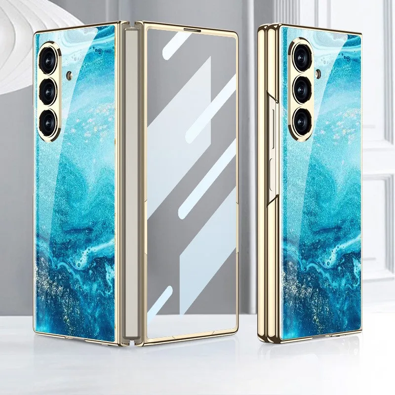 Für Samsung Galaxy Z Fold 7, plattierte Handyhülle aus lackiertem Glas, blau, stoßfeste Handyhülle, integrierter Displayschutz, Capa Funda