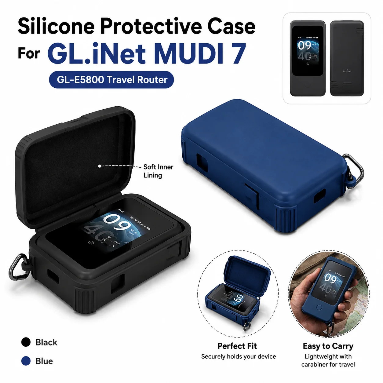 Silicone Protective Case for GL.iNet MUDI 7 GL-E5800 Travel Router Shockproof Dustproof Washable Cover with Carabiner