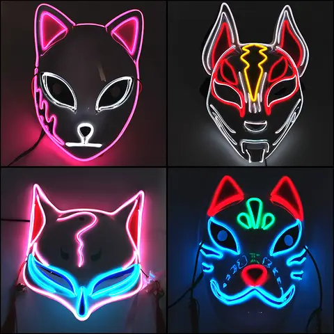 Glowing  Demon Slayer Mask Cosplay Japanese Cartoon Neon Light Samurai Mascara Luminous Led Fox Mask For Halloween Christmas