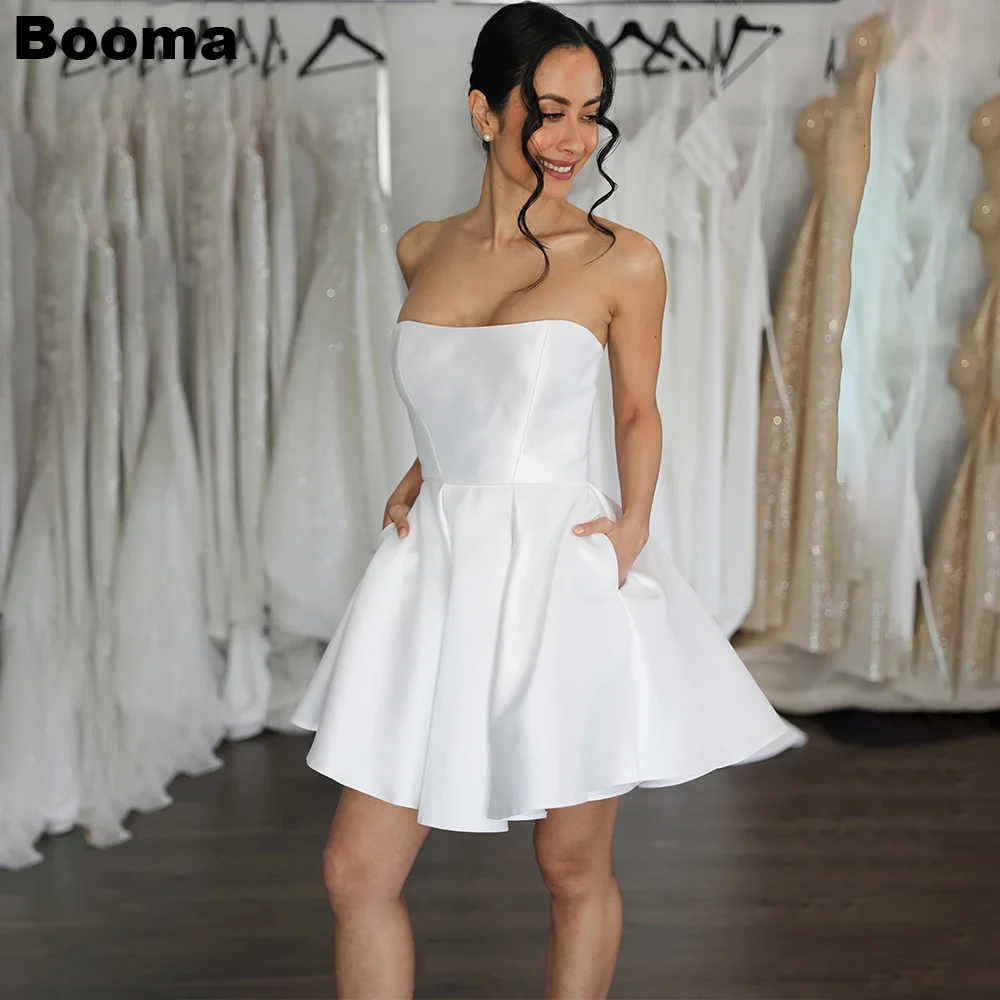 

Booma Simple A-Line Short Wedding Dresses Strapless Brides Party Dress for Women Above Knee Prom Gowns with Pocket Cocktail Gown